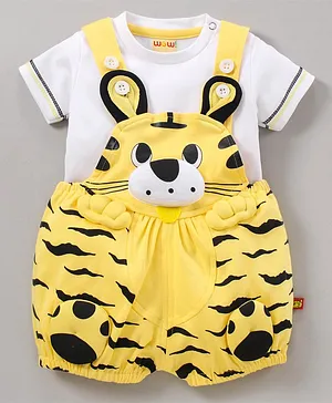 Wow Clothes Dungaree With Half Sleeves Tee - Lemon