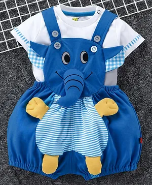 Wow Clothes Dungaree With Half Sleeves T-Shirt Elephant Design - Blue