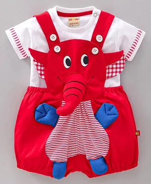 Wow Clothes Dungaree With Half Sleeves T-Shirt Elephant Design - Red