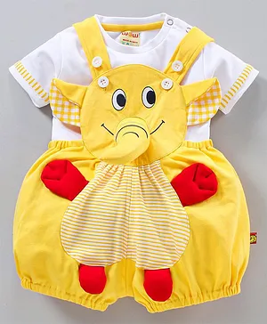 Wow Clothes Dungaree With Half Sleeves T-Shirt Elephant Design - Yellow