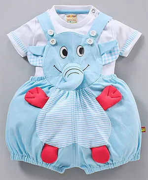 Wow Clothes Dungaree With Half Sleeves T-Shirt Elephant Design- Blue