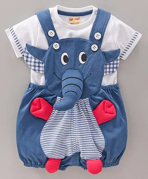 Wow Clothes Dungaree With Half Sleeves T-Shirt Elephant Design - Blue