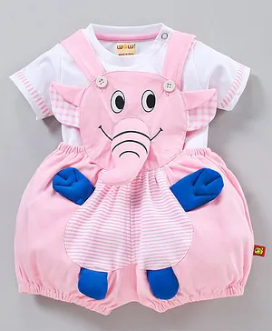 Wow Clothes Dungaree With Half Sleeves T-Shirt Elephant Design - Pink