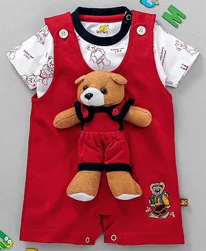 Wow Clothes Dungaree Style Romper With Half Sleeves Tee Bear Applique - Red