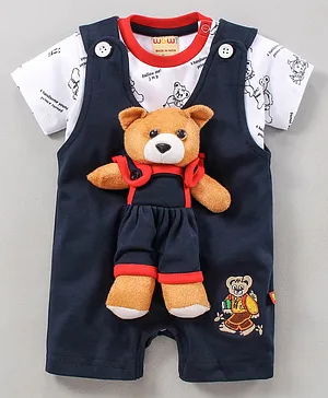 Wow Clothes Dungaree Style Romper With Half Sleeves Tee Bear Applique - Navy