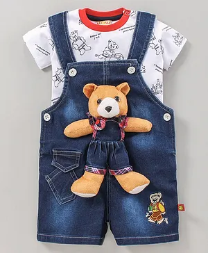 Wow Clothes Denim Dungaree With Half Sleeves Tee Bear Applique - Blue