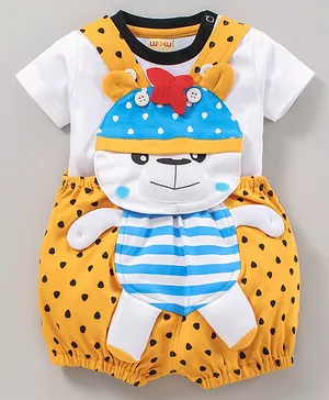Wow Clothes Dungaree With Half Sleeves Tee Bear Design - Yellow