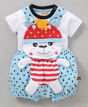 Wow Clothes Dungaree With Half Sleeves Tee Bear Design - Light Blue