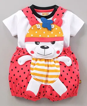 Wow Clothes Dungaree With Half Sleeves Tee Bear Design - Red