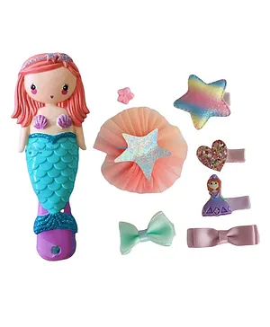 FunBlast Mermaid Glitter Hair Brush Comb with Hair Clips Set of 6 - Multicolour