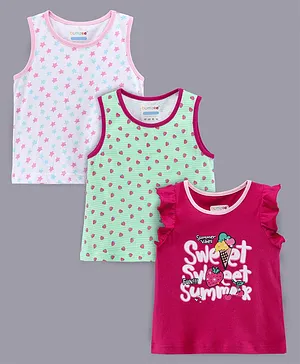 BUMZEE Pack Of 3 Sleeveless Star Strawberry Print Tops - Pink Green