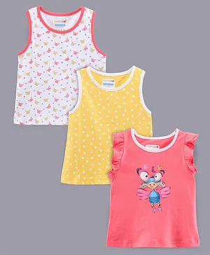 BUMZEE Pack Of 3 Sleeveless Hearts Printed Top - Pink Yellow