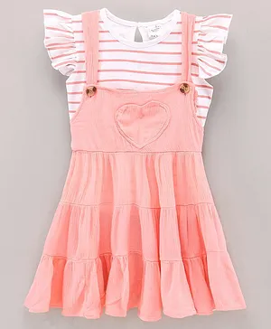 Button Noses Singlet Solid Color Frock & Short Frill Cap Sleeves Striped Inner Tee - Pink White
