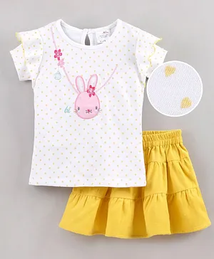 Button Nose Half Sleeves Top & Skirt Set Bunny Embroidered - Yellow White