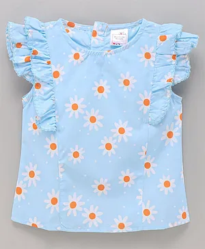 Button Noses Short Sleeves Top With Frill Detailing Flower Print - Blue