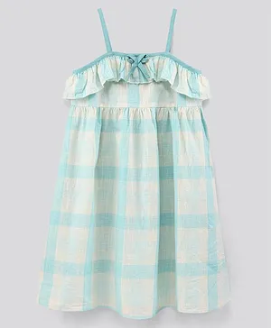 Button Noses Singlet Sleeves Cotton Solid Frock with Bow Applique - Green