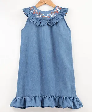 Button Noses Sleeveless Denim Frock Floral Embroidered - Blue
