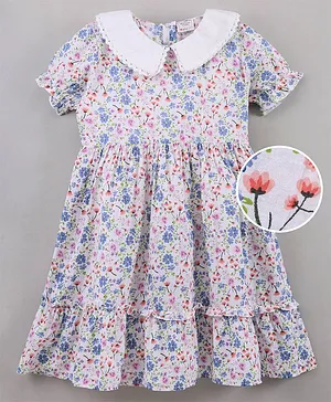 Button Noses Half Sleeves Frock Floral Print - White
