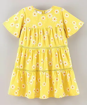 Button Noses Half Sleeves Frock Floral Print - Yellow