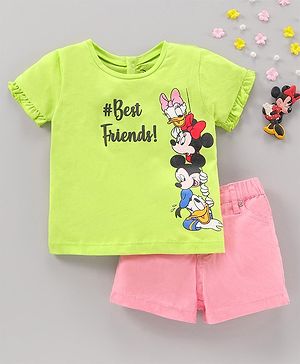 Babyhug Half Sleeves Top and Knee Length Shorts Mickey Mouse & Friends Print - Sunny Lime Pink