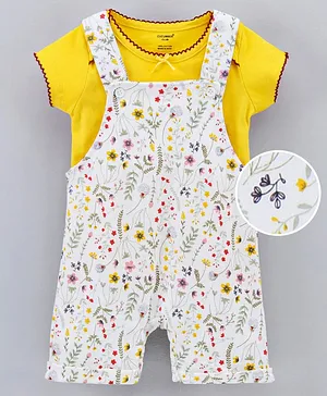 Cucumber Dungaree and Cap Sleeves Top Floral Print - White Yellow
