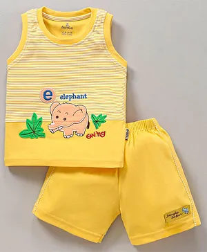 Child World Sleeveless Cotton Tee And Shorts Set Stripes Print & Elephant Design-Yellow