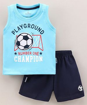 Child World Sleeveless T Shirt and Shorts Text Print - Blue