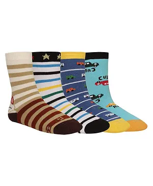 Creature Cotton Regular Socks Stripes & Vehicles Print Pack of 4 - Multicolor