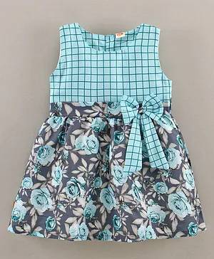 Dew Drops Sleeveless A Line Checks Frock Floral Print with Bow - Blue