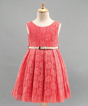 Babyhug Sleeveless Pleated Party Frock with Sequins - Coral
