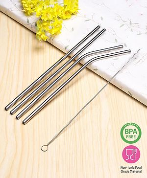 Babyhug Stainless Steel Drinking Straw With Cleaning Brush Pack Of 4 - Silver