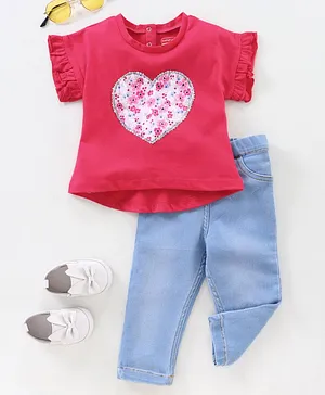 Babyhug Half Sleeves Top & Washed Jeans Floral Print & Sequins Applique - Pink Blue
