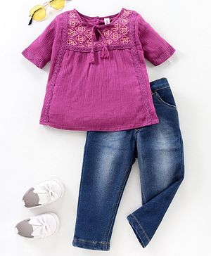 Babyhug Half Sleeves Top & Washed Jeans Embroidered & Geometric Print - Wine Blue