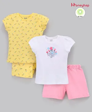 Honeyhap 100% Cotton Silvadur Antimicrobial Finish Short Sleeves Night Suit Floral Print Pack of 2 - Yellow White