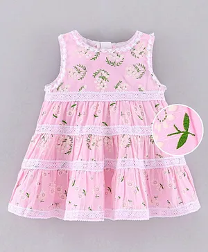 Yellow Duck Sleeveless A Line Frock with Crochet and Flowers Print - Pink