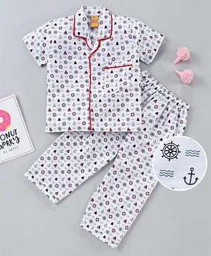 Yellow Duck Half Sleeves Night Suit Anchor Print - White