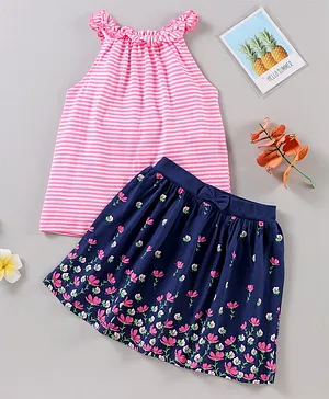 Babyhug Sleeveless Top and Skirt Set Stripes and Floral Print - Navy Pink