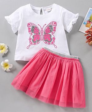 Babyhug Short Sleeves Top & Skirt Sequin Butterfly Embroidery - White Fuchsia