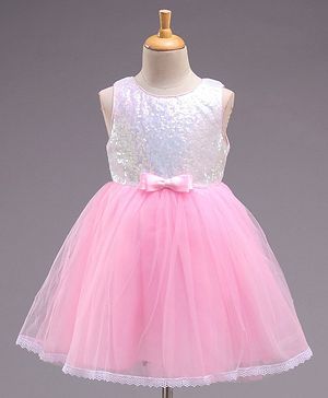 Babyhug Sleeveless Fit and Flare Sequined Party Frock with Bow and Lace Hem - Pink