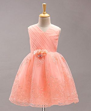 Babyhug Sleeveless Party Wear Frock Floral Appliques  - Peach