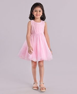 Babyhug Sleeveless Fit and Flare Embellished Party Frock with Corsage and Dots Foil Print - Pink