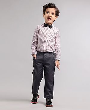 Babyhug Full Sleeves Striped Shirt & Trouser Set with Bow - Grey Navy