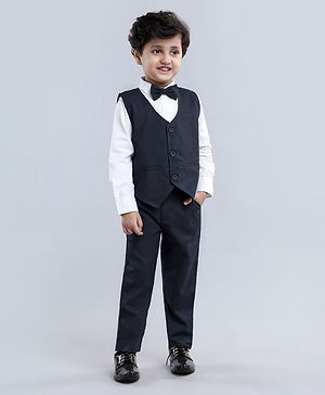 Babyhug Full Sleeves 3 Piece Party Suit With Bow - Navy Blue