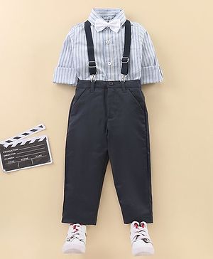 Babyhug Full Sleeves Shirt & Trouser with Suspenders Set & Bow - Sky Blue
