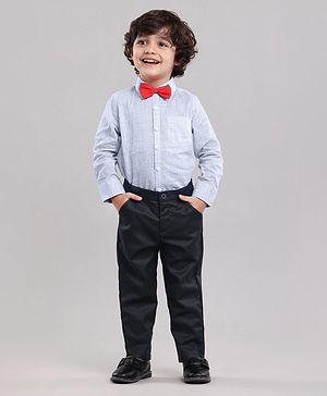 Babyhug Full Sleeves Shirt with Bow and Trouser with Suspenders Set - Blue