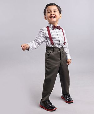 Babyhug Full Sleeves Shirt & Trouser with Suspenders Set - Brown