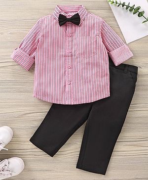 Babyhug Full Sleeves Striped Shirt & Trouser with Bow - Pink Black