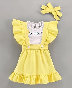 Little Folks Dungaree Style Frock with Short Sleeves Tee & Head Band - Yellow