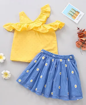 Babyhug Sleeveless One Shoulder Top and Skirt Set Floral Print -Yellow Blue