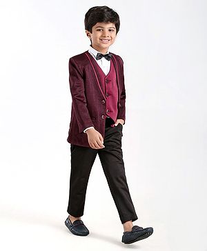 Babyhug Full Sleeves 4 Piece Party Suit With Bow - Maroon